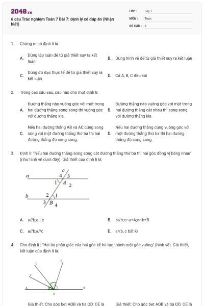 6 câu Trắc nghiệm Toán 7 Bài 7: Định lý có đáp án (Nhận biết)
