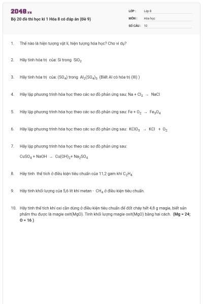 Bộ 20 đề thi học kì 1 Hóa 8 có đáp án (Đề 9)
