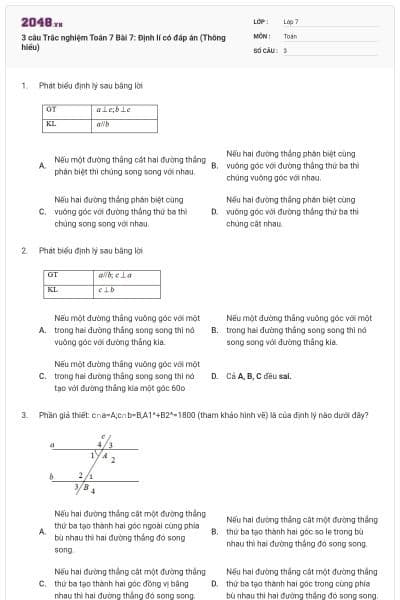 3 câu Trắc nghiệm Toán 7 Bài 7: Định lí có đáp án (Thông hiểu)