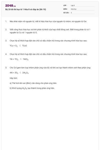 Bộ 20 đề thi học kì 1 Hóa 8 có đáp án (Đề 10)