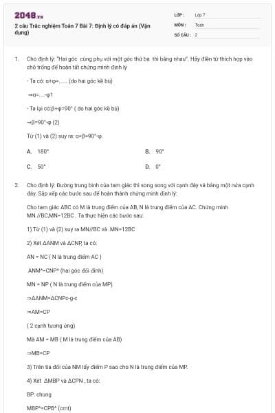 2 câu Trắc nghiệm Toán 7 Bài 7: Định lý có đáp án (Vận dụng)