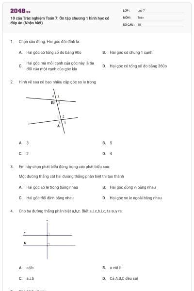 10 câu Trắc nghiệm Toán 7: Ôn tập chương 1 hình học có đáp án (Nhận biết)