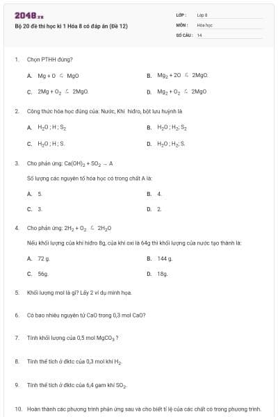 Bộ 20 đề thi học kì 1 Hóa 8 có đáp án (Đề 12)