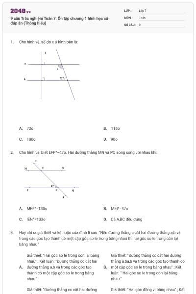 9 câu Trắc nghiệm Toán 7: Ôn tập chương 1 hình học có đáp án (Thông hiểu)