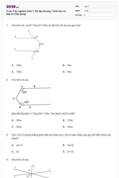 9 câu Trắc nghiệm Toán 7: Ôn tập chương 1 hình hoc có đáp án (Vận dụng)