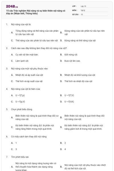 15 câu  Trắc nghiệm Nội năng và sự biến thiên nội năng có đáp án (Nhận biết, Thông hiểu)