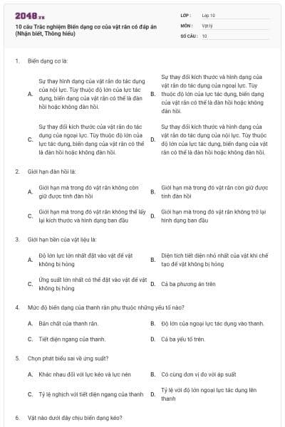10 câu  Trắc nghiệm Biến dạng cơ của vật rắn có đáp án (Nhận biết, Thông hiểu)