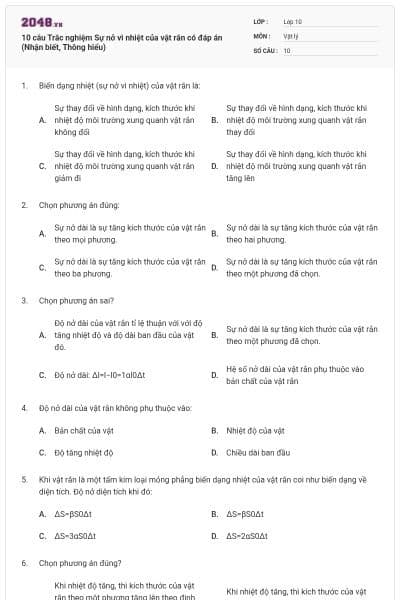 10 câu  Trắc nghiệm Sự nở vì nhiệt của vật rắn có đáp án (Nhận biết, Thông hiểu)