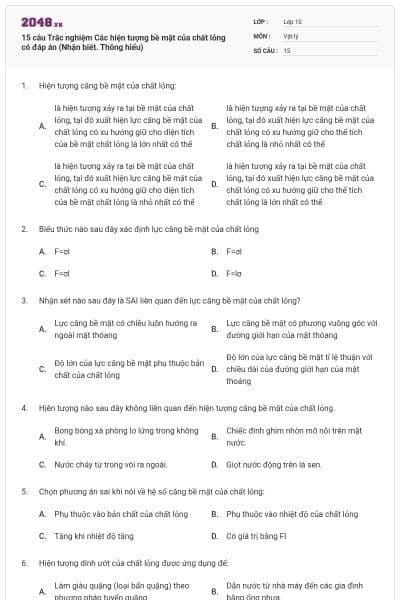 15 câu Trắc nghiệm Các hiện tượng bề mặt của chất lỏng có đáp án (Nhận biết. Thông hiểu)