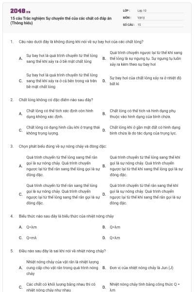 15 câu Trắc nghiệm Sự chuyển thể của các chất có đáp án (Thông hiểu)