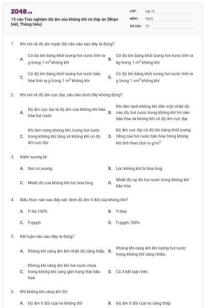 15 câu Trắc nghiệm Độ ẩm của không khí có đáp án (Nhận biết, Thông hiểu)