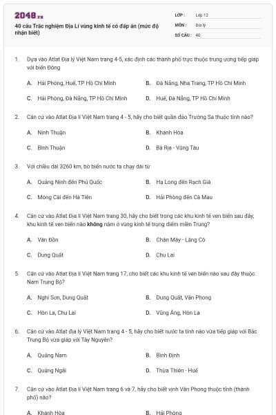 40 câu Trắc nghiệm Địa Lí vùng kinh tế có đáp án (mức độ nhận biết)