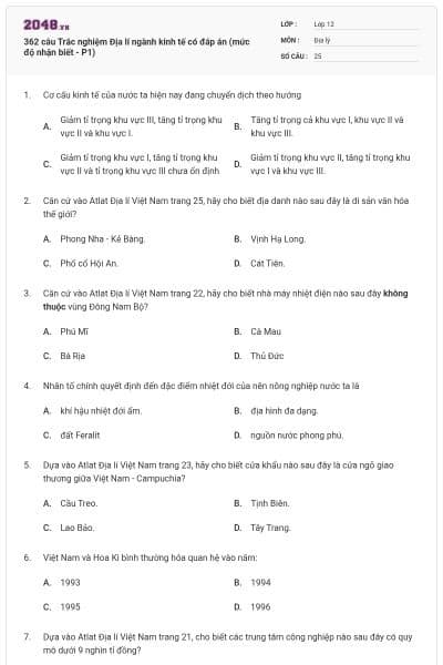 362 câu Trắc nghiệm Địa lí ngành kinh tế có đáp án (mức độ nhận biết - P1)