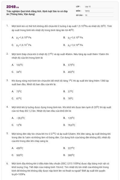 Trắc nghiệm Quá trình đẳng tích. Định luật Sác-lơ có đáp án (Thông hiểu, Vận dụng)