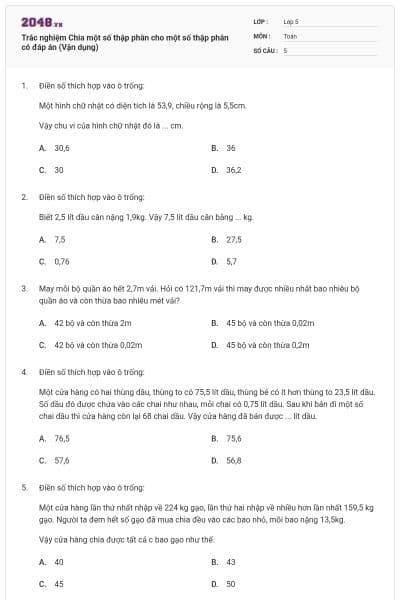 Trắc nghiệm Chia một số thập phân cho một số thập phân có đáp án (Vận dụng)