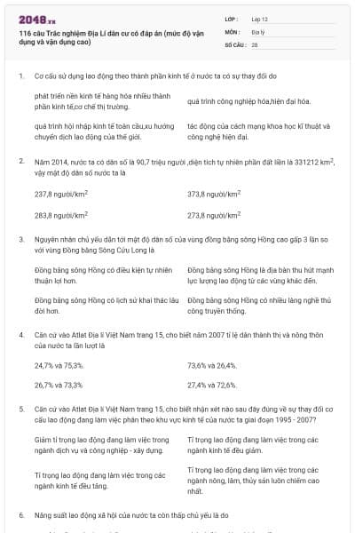 116 câu  Trắc nghiệm Địa Lí dân cư có đáp án (mức độ vận dụng và vận dụng cao)