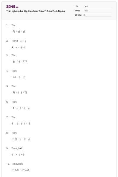 Trắc nghiêm bài tập theo tuần Toán 7-Tuần 2 có đáp án