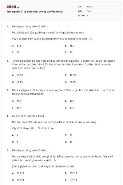 Trắc nghiệm Tỉ số phần trăm có đáp án (Vận dụng)