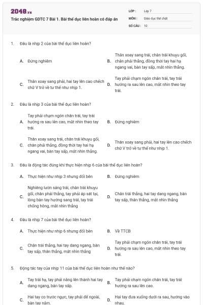 Trắc nghiệm GDTC 7 Bài 1. Bài thể dục liên hoàn có đáp án