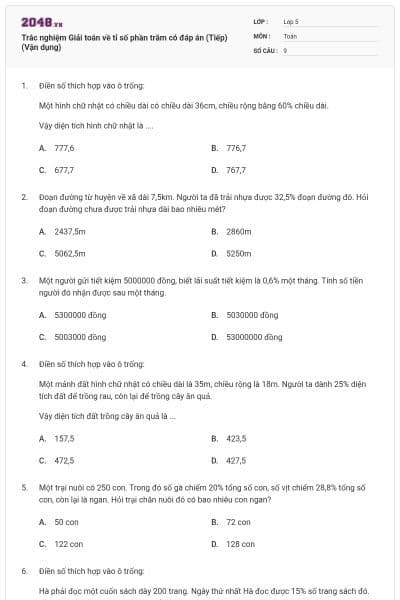 Trắc nghiệm Giải toán về tỉ số phần trăm có đáp án (Tiếp) (Vận dụng)