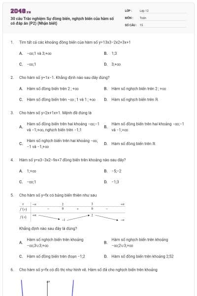 30  câu Trắc nghiệm Sự đồng biến, nghịch biến của hàm số có đáp án (P2) (Nhận biết)