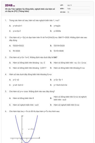 30 câu Trắc nghiệm Sự đồng biến, nghịch biến của hàm số có đáp án (P2) (Thông hiểu)