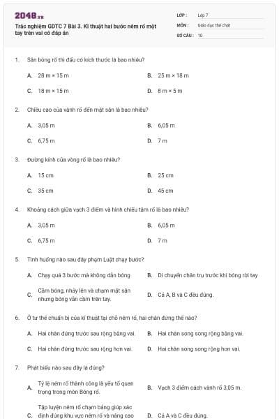 Trắc nghiệm GDTC 7 Bài 3. Kĩ thuật hai bước ném rổ một tay trên vai có đáp án