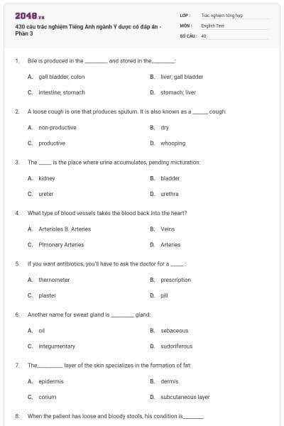 430 câu trắc nghiệm Tiếng Anh ngành Y dược có đáp án - Phần 3