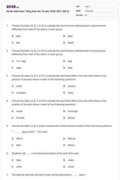 Đề thi chính thức Tiếng Anh vào 10 năm 2020-2021 (Đề 6)