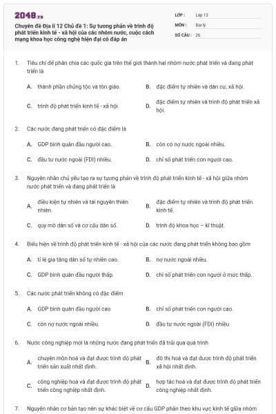 Chuyên đề Địa lí 12 Chủ đề 1: Sự tương phản về trình độ phát triển kinh tế - xã hội của các nhóm nước, cuộc cách mạng khoa học công nghệ hiện đại có đáp án