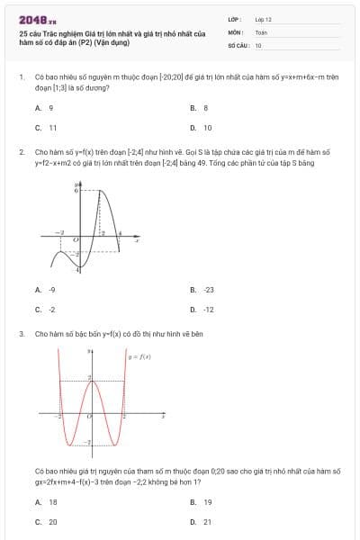 25 câu Trắc nghiệm Giá trị lớn nhất và giá trị nhỏ nhất của hàm số có đáp án (P2) (Vận dụng)