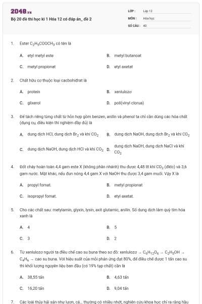 Bộ 20 đề thi học kì 1 Hóa 12 có đáp án_ đề 2