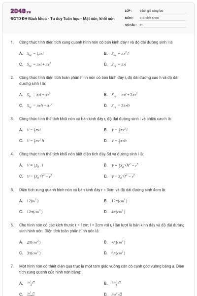 ĐGTD ĐH Bách khoa - Tư duy Toán học - Mặt nón, khối nón