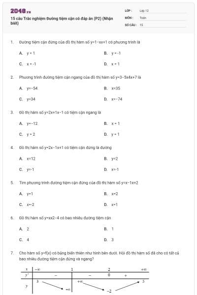 15 câu Trắc nghiệm Đường tiệm cận có đáp án (P2) (Nhận biết)