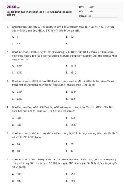 Bài tập Hình học không gian lớp 11 cơ bản, nâng cao có lời giải (P6)