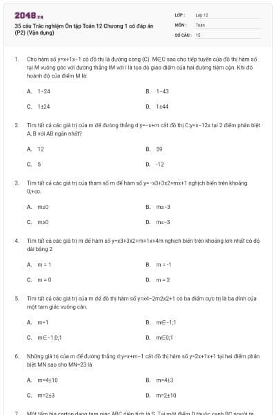 35 câu  Trắc nghiệm Ôn tập Toán 12 Chương 1 có đáp án (P2) (Vận dụng)