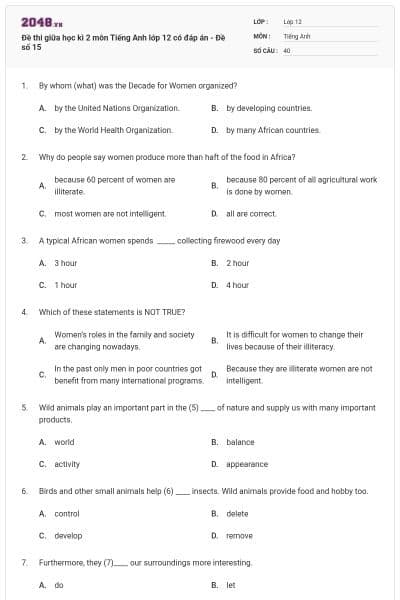 Đề thi giữa học kì 2 môn Tiếng Anh lớp 12 có đáp án - Đề số 15