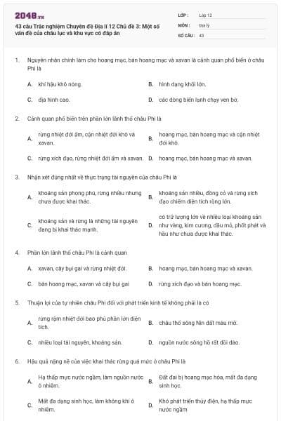 43 câu Trắc nghiệm Chuyên đề Địa lí 12 Chủ đề 3: Một số vấn đề của châu lục và khu vực có đáp án