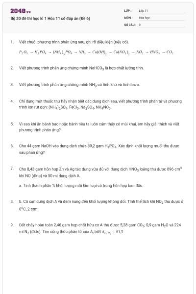 Bộ 30 đề thi học kì 1 Hóa 11 có đáp án (Đề 6)