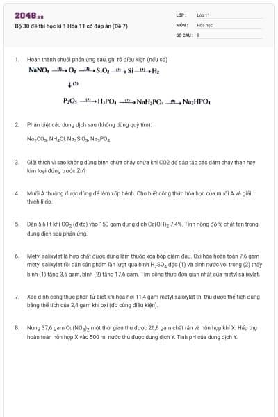 Bộ 30 đề thi học kì 1 Hóa 11 có đáp án (Đề 7)