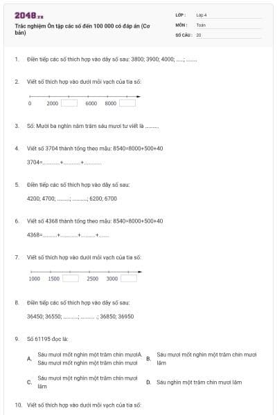 Trắc nghiệm Ôn tập các số đến 100 000 có đáp án (Cơ bản)