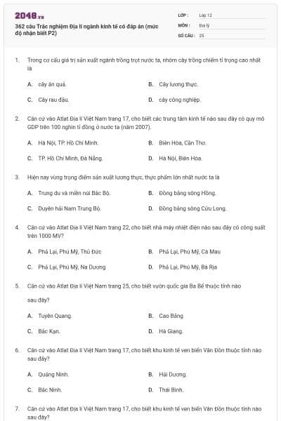 362 câu Trắc nghiệm Địa lí ngành kinh tế có đáp án (mức độ nhận biết P2)