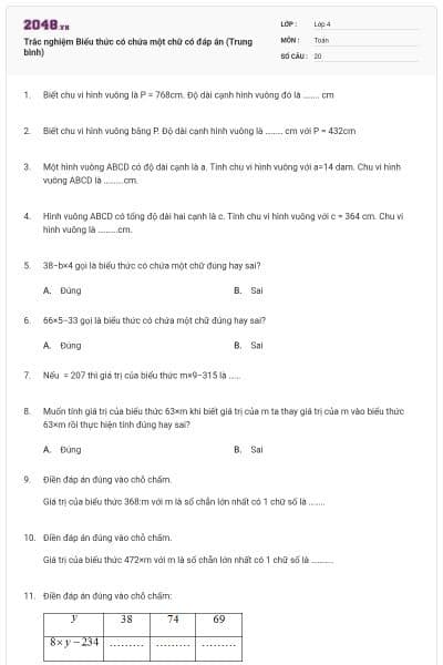 Trắc nghiệm Biểu thức có chứa một chữ có đáp án (Trung bình)