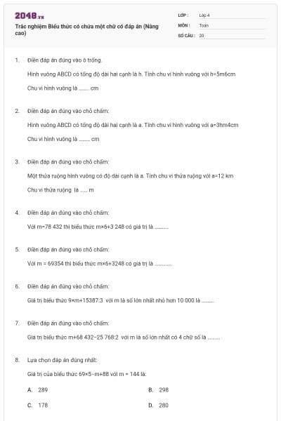 Trắc nghiệm Biểu thức có chứa một chữ có đáp án (Nâng cao)