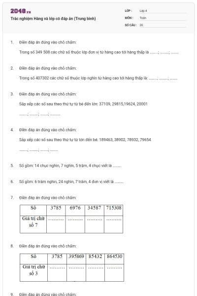 Trắc nghiệm Hàng và lớp có đáp án (Trung bình)