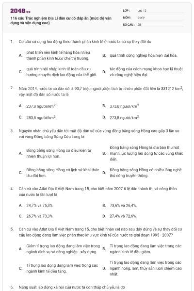 116 câu Trắc nghiệm Địa Lí dân cư có đáp án (mức độ vận dụng và vận dụng cao)