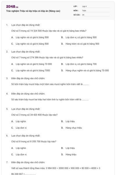 Trắc nghiệm Triệu và lớp triệu có đáp án (Nâng cao)