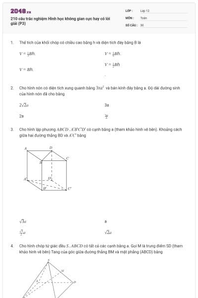 210 câu trắc nghiệm Hình học không gian cực hay có lời giải (P3)