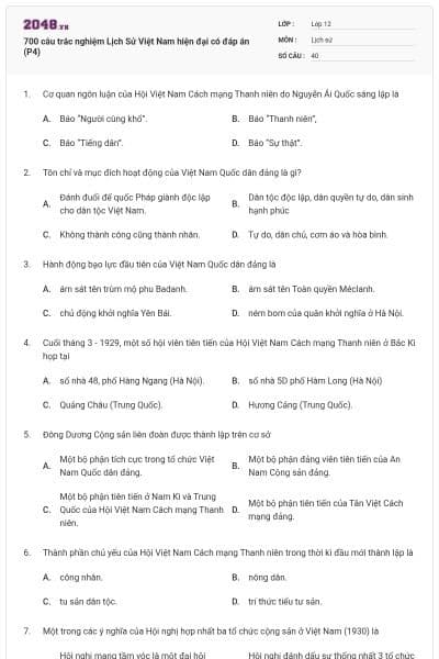 700 câu trắc nghiệm Lịch Sử Việt Nam hiện đại có đáp án (P4)
