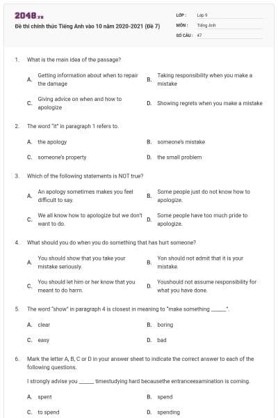 Đề thi chính thức Tiếng Anh vào 10 năm 2020-2021 (Đề 7)